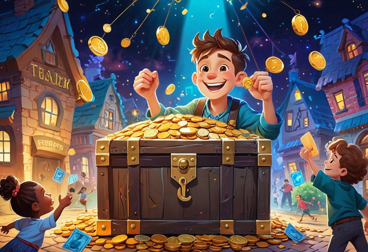 A whimsical illustration showing a joyous character unlocking a treasure chest filled with gold coins and bills, set against a backdrop of a safe and secure bank surrounded by smiling people. Bright colors and playful imagery create an atmosphere of financial happiness and security. Include elements like a glowing key and unbroken chains to symbolize unlocking financial freedom. cartoon style. vibrant colors.