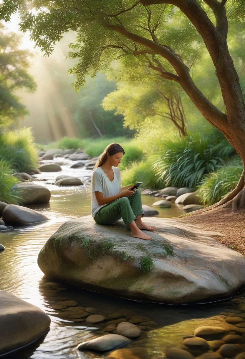 A serene pocket of nature with a flowing stream and soft sunlight peeping through the leaves, depicting financial freedom. Include a relaxed person sitting on a rock, looking at their phone, with stress melted away. Surround the scene with symbols of quick cash options like dollar signs and money bags, gently integrated into the landscape. The colors should be calming and inviting, emphasizing a sense of tranquility and ease. super-realistic. vibrant colors. nature background.
