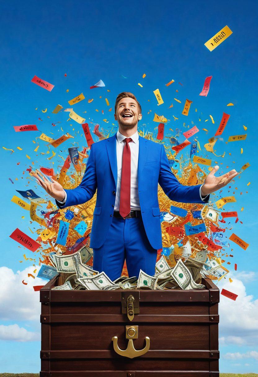A joyful individual holding an oversized golden key symbolizing financial freedom, standing in front of an open treasure chest filled with colorful payday options like checks and e-wallets. Bright confetti falling around, emphasizing celebration, with a serene blue sky background representing reliability and security. The scene radiates warmth and optimism, inviting viewers to explore financial opportunities. vibrant colors. super-realistic.